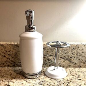 Inter design white porcelain/chrome soap dispenser and toothbrush holder set